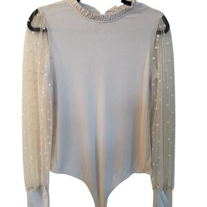 Chic White Ruffled Bodysuit with Sheer Polka Dot Sleeves